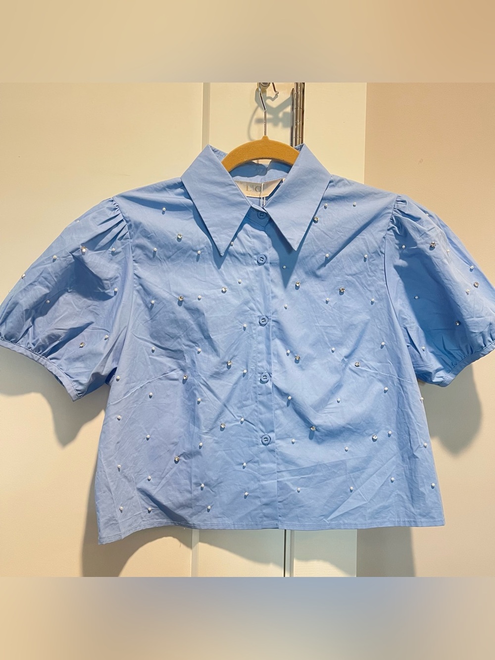 Light Blue Pearl-Embellished Button-Up Shirt